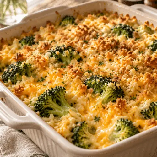 Broccoli rice casserole from scratch in a golden baking dish