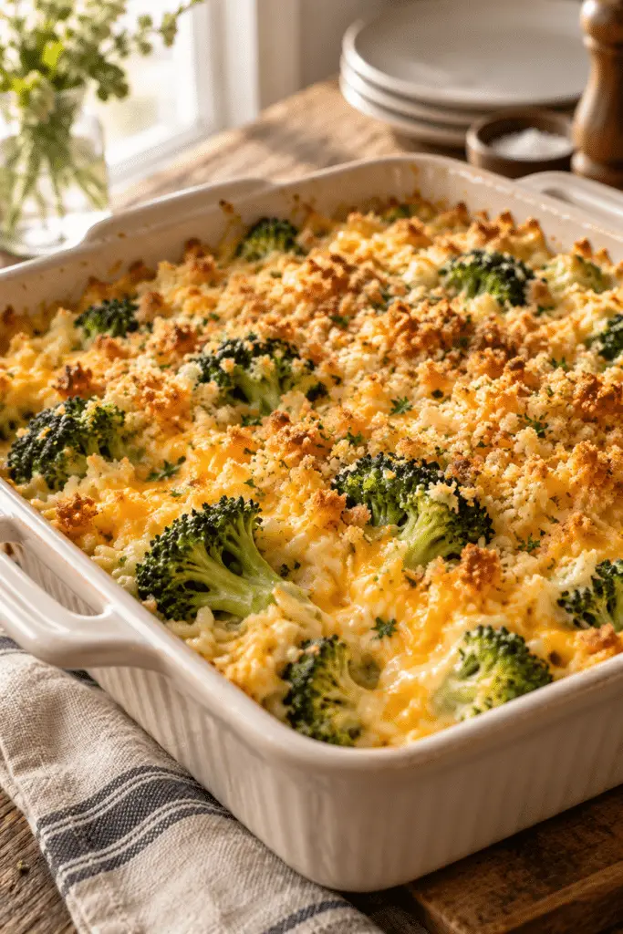 Broccoli rice casserole from scratch in a golden baking dish