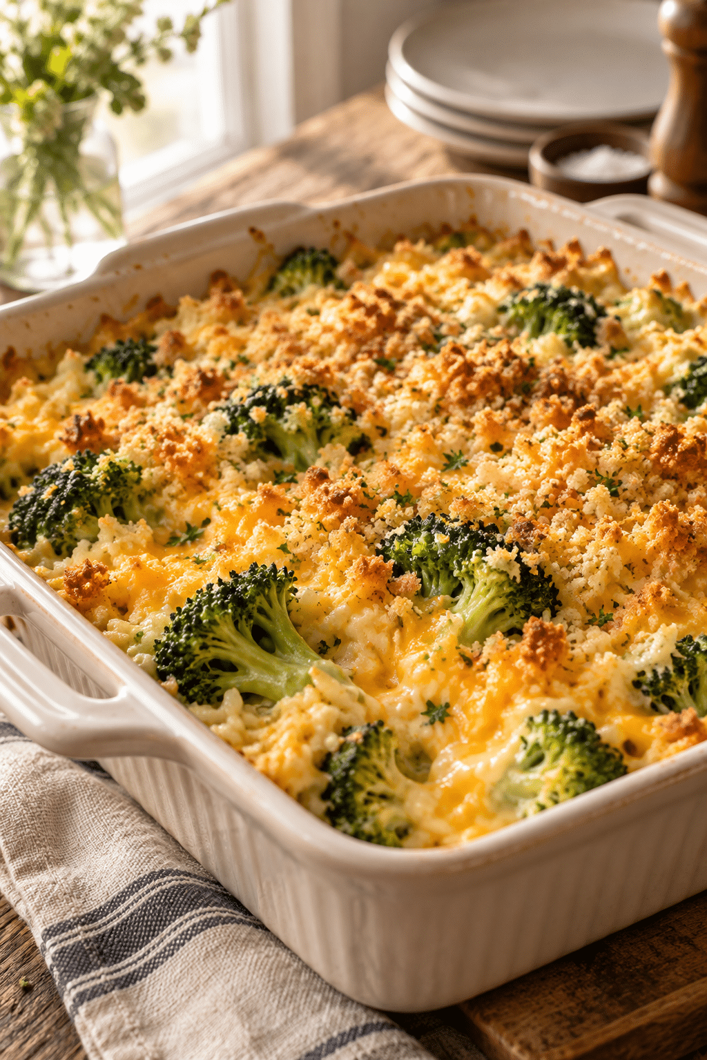 Broccoli rice casserole from scratch in a golden baking dish