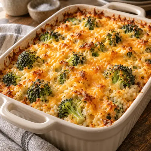 broccoli rice casserole baked until golden