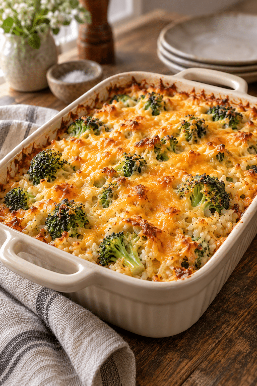 broccoli rice casserole baked until golden