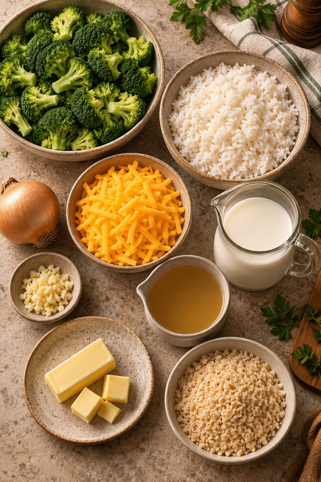 Ingredients for broccoli rice casserole arranged on a counter