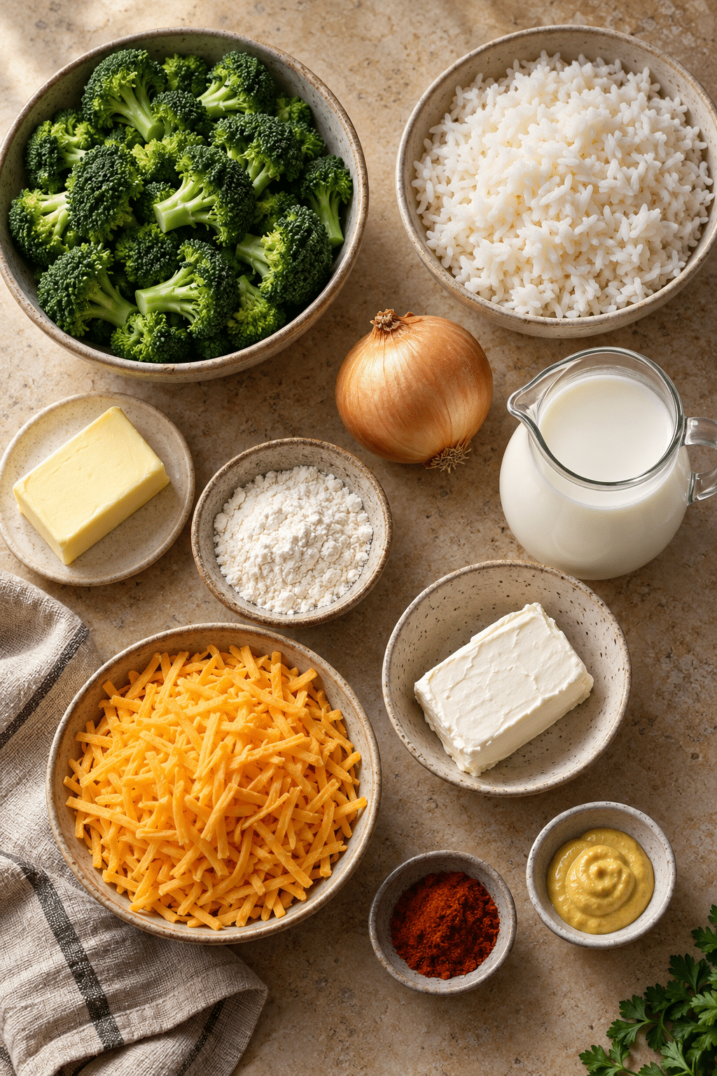broccoli rice casserole ingredients arranged on a counter