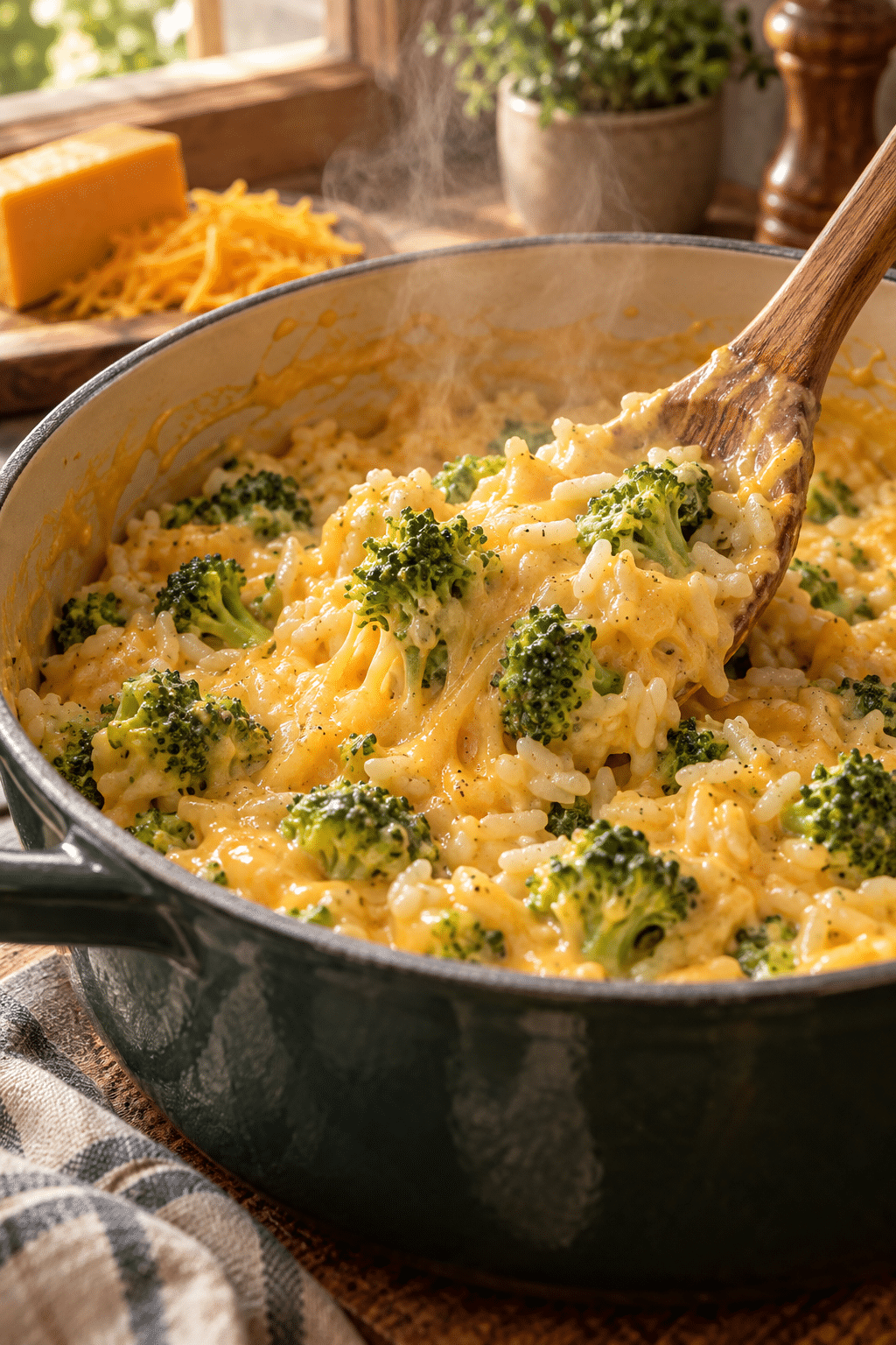 Creamy cheddar sauce folded with broccoli and rice