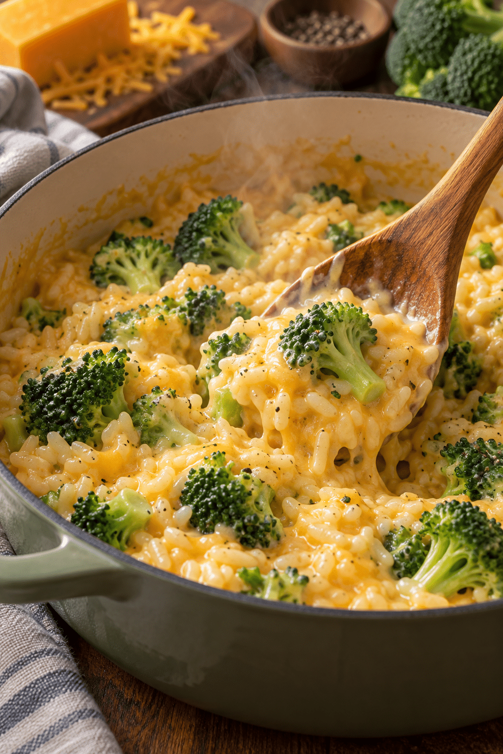 broccoli rice casserole being stirred before baking