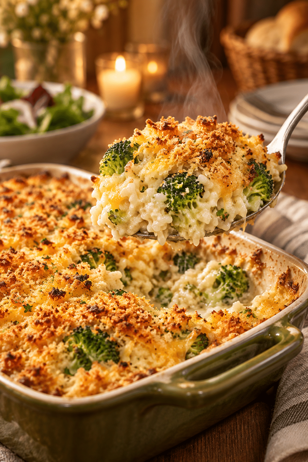 Serving of broccoli rice casserole with golden breadcrumb topping