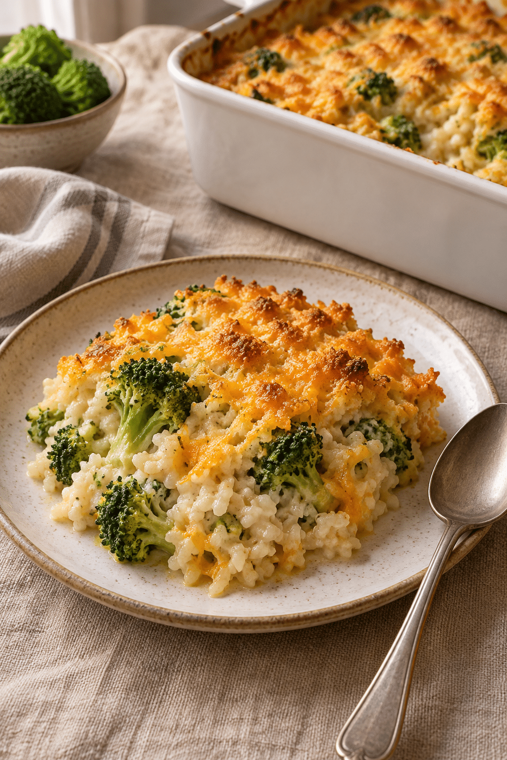 broccoli rice casserole served warm from the dish