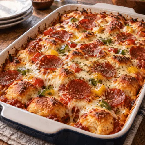 bubble up biscuit pizza casserole with golden biscuits and mozzarella