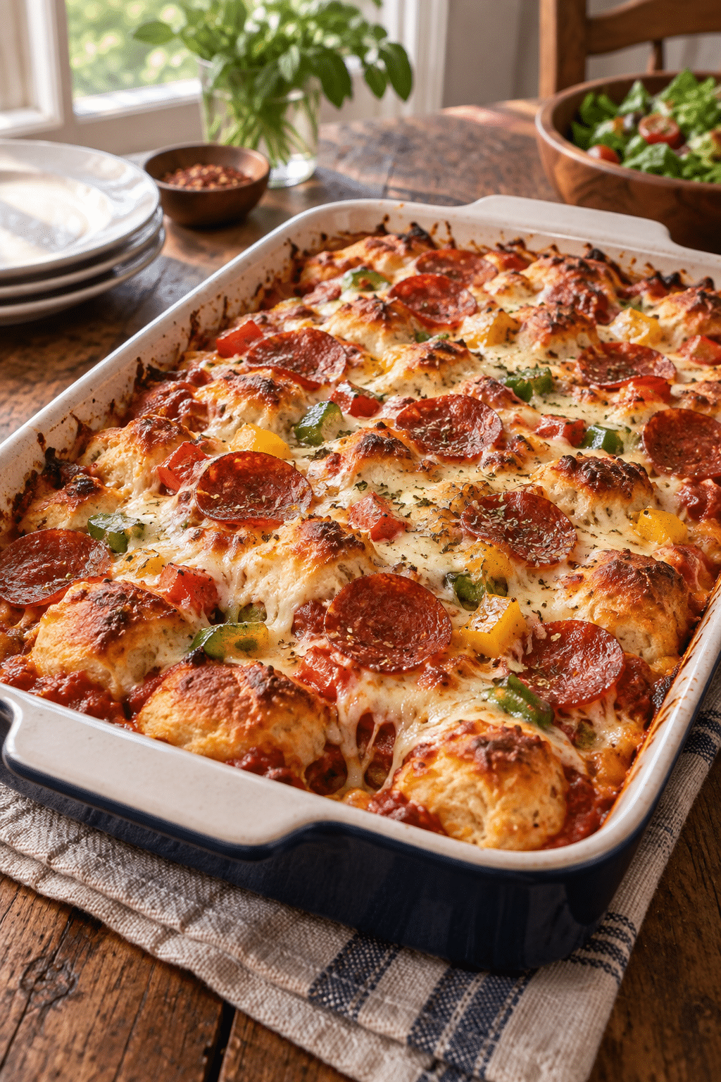 bubble up biscuit pizza casserole with golden biscuits and mozzarella