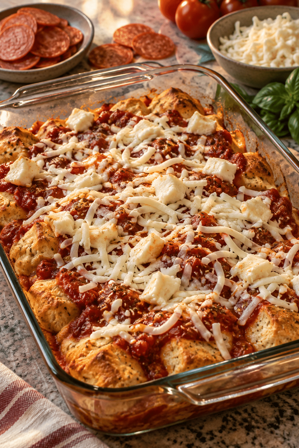pizza casserole being assembled with biscuit pieces and sauce