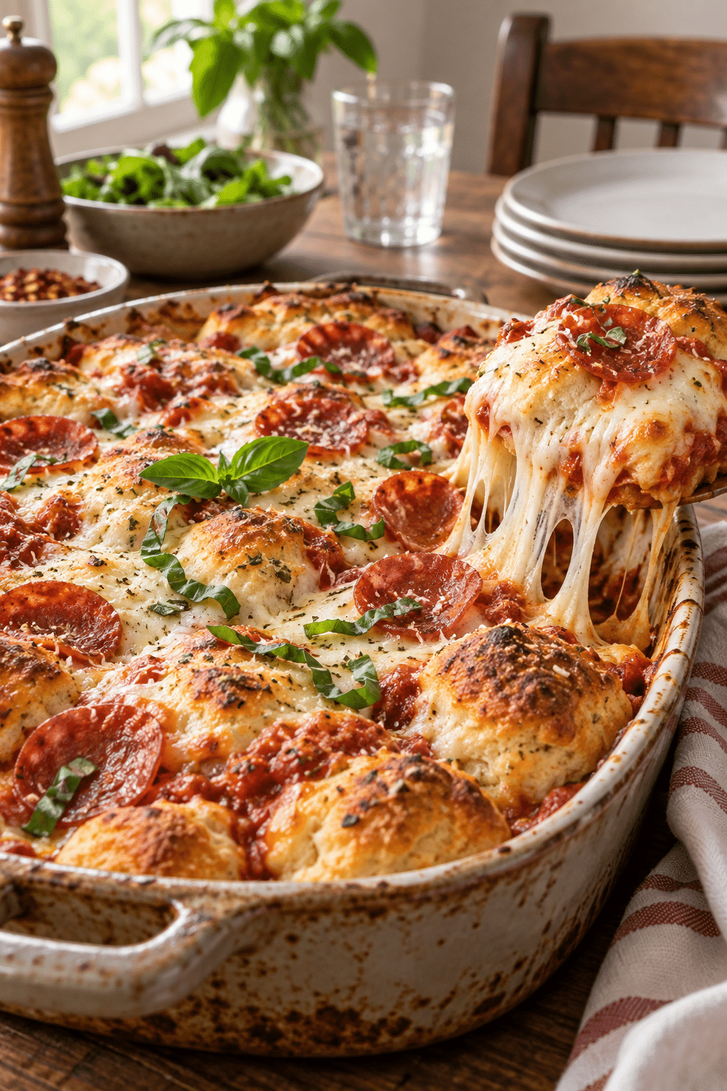 slice of bubble up biscuit pizza casserole ready to serve