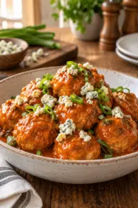 Buffalo turkey meatballs coated in buffalo sauce