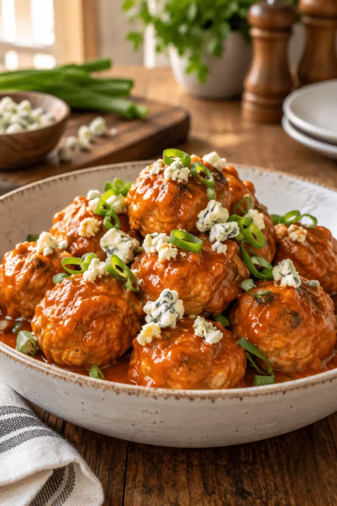 Buffalo turkey meatballs coated in buffalo sauce