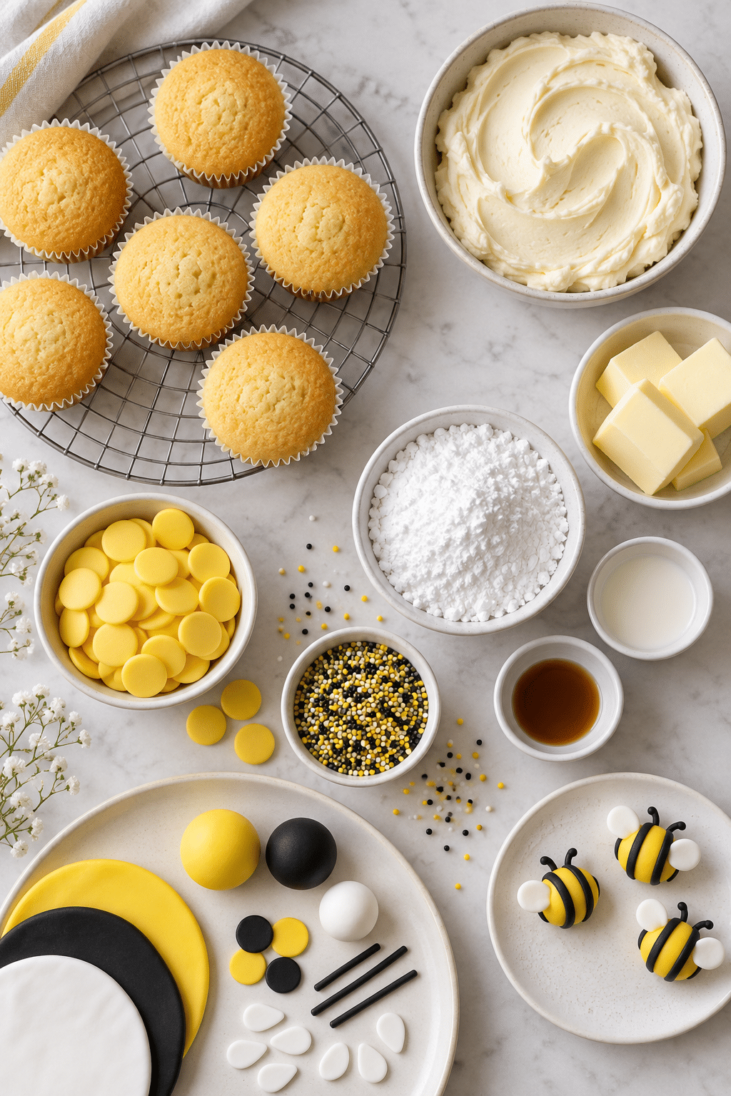 ingredients for bumblebee flower cupcakes arranged on a counter