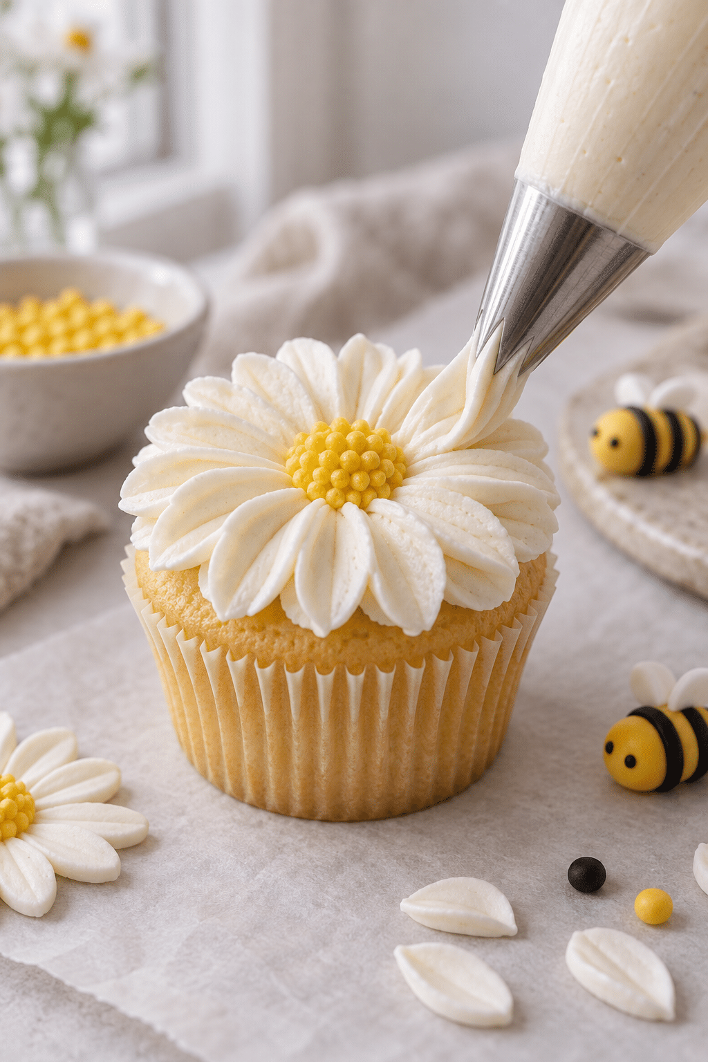 piping daisy petals and shaping fondant bees for cupcakes