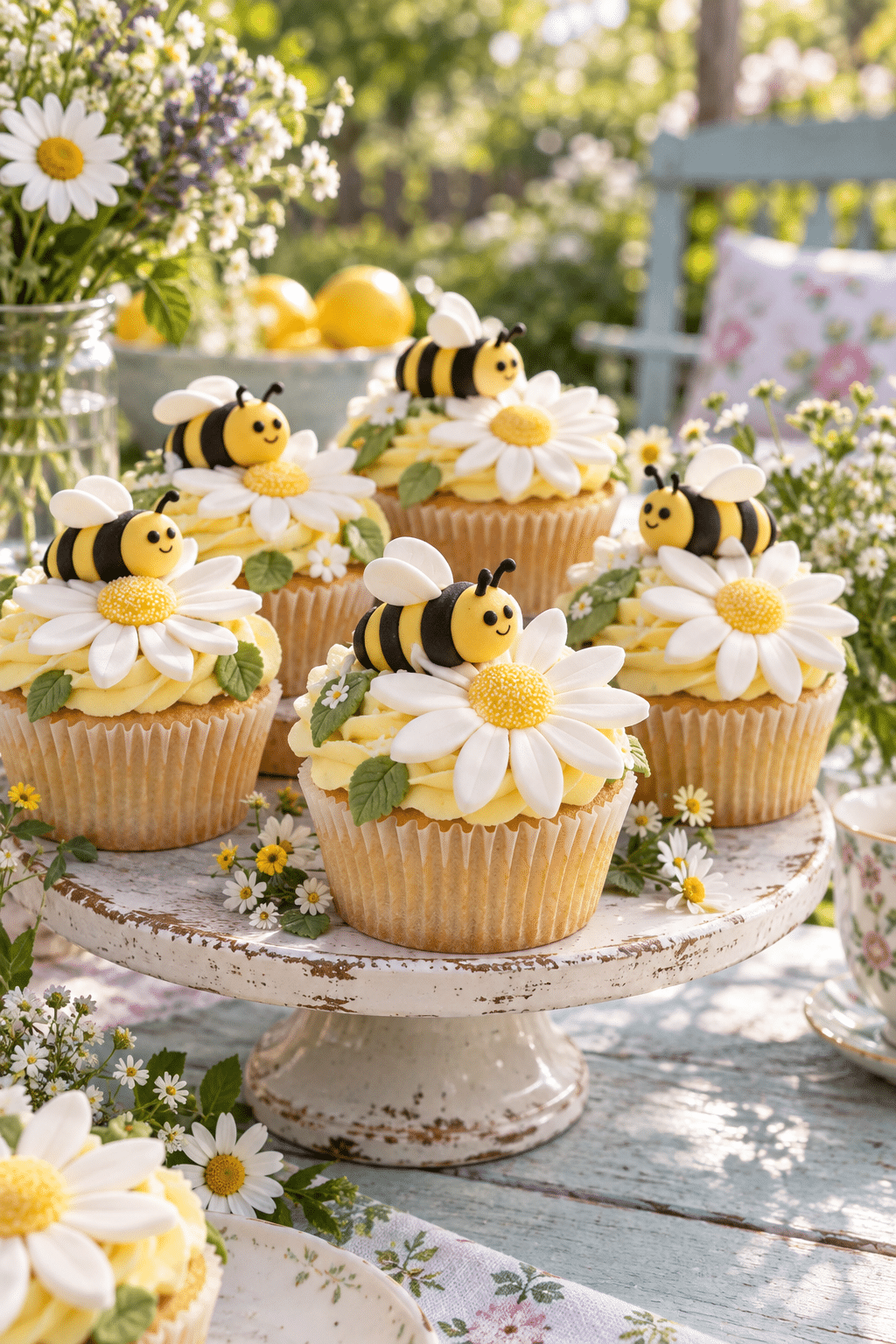 finished bumblebee flower cupcakes on a dessert stand