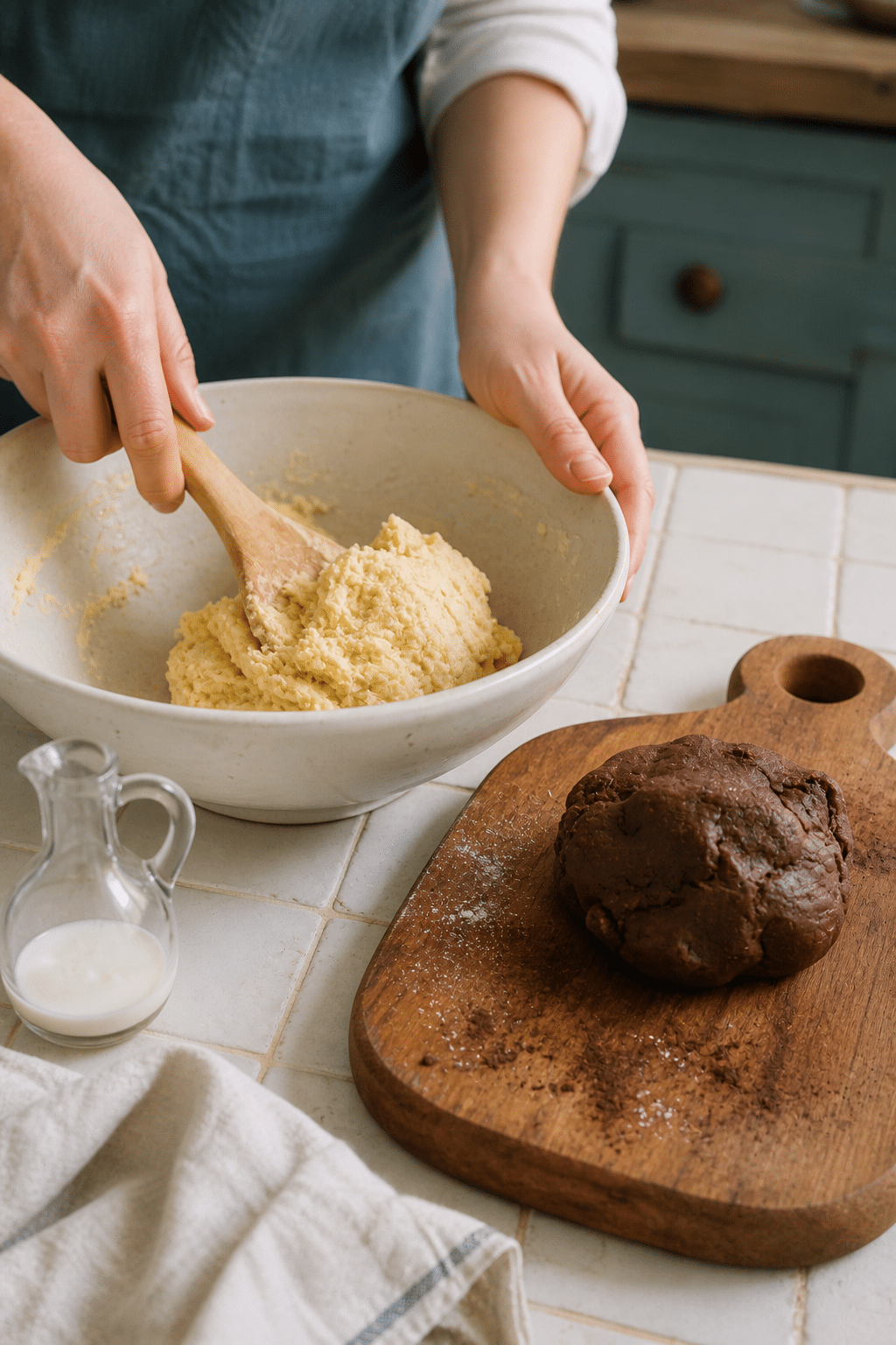 Vanilla and cocoa dough being prepared for paw-print cookies
