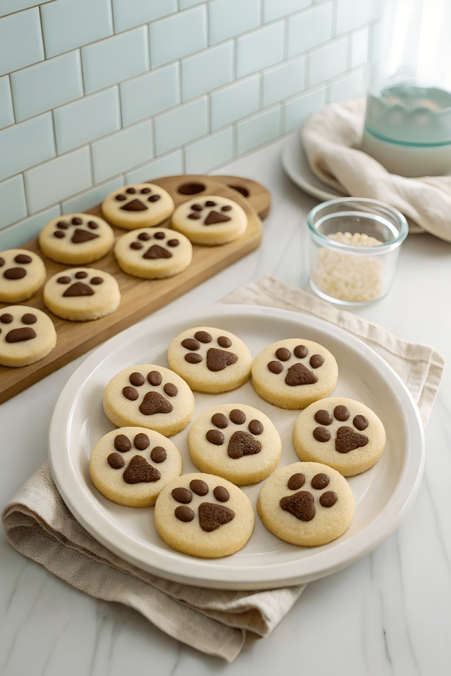Finished cat paw sugar cookies with cocoa paw prints