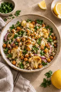 Cauliflower chickpea salad with roasted cauliflower and tahini dressing