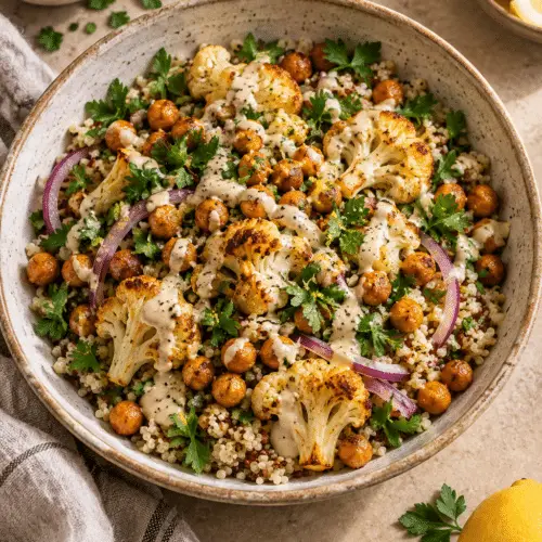 Cauliflower chickpea salad with roasted cauliflower and tahini dressing