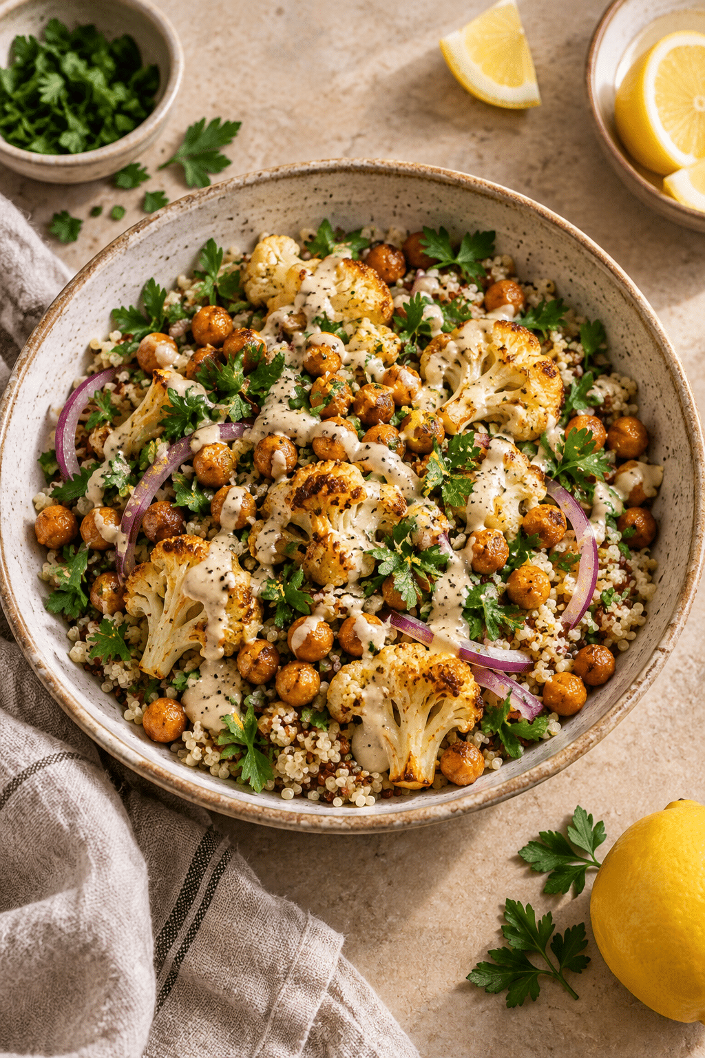 Cauliflower chickpea salad with roasted cauliflower and tahini dressing
