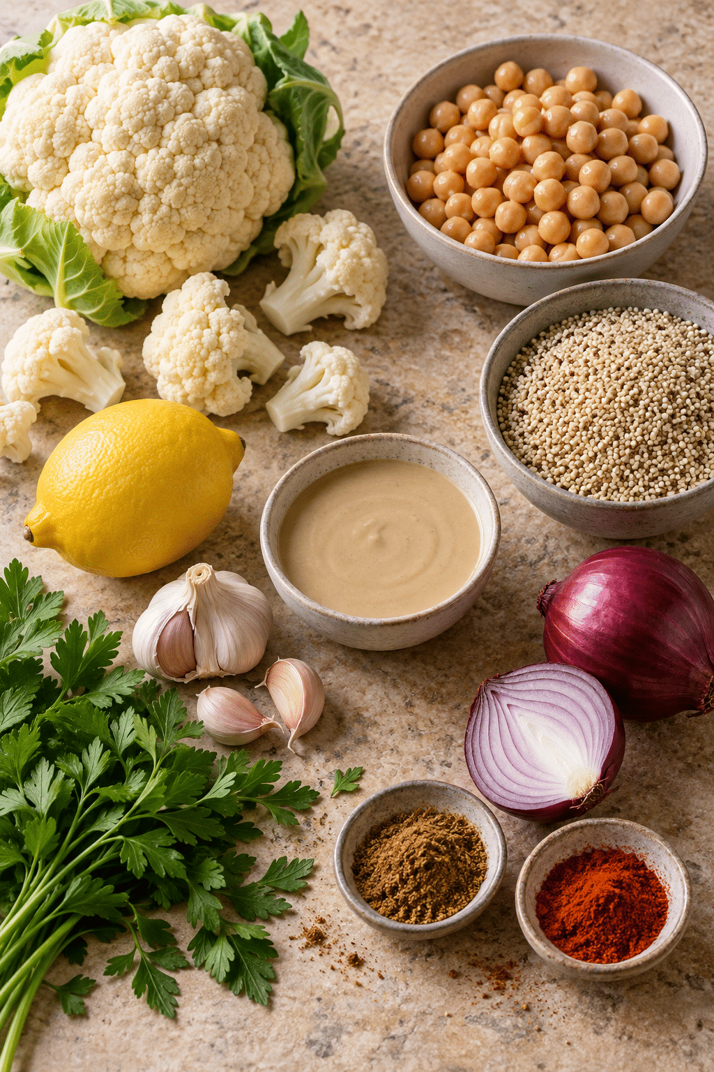 Ingredients for cauliflower chickpea salad arranged on a warm counter