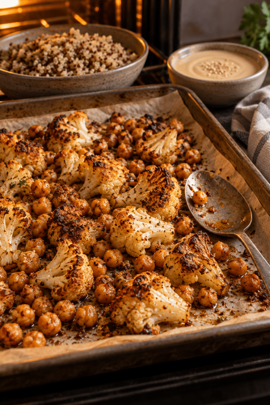 Roasted cauliflower and chickpeas prepared for cauliflower chickpea salad