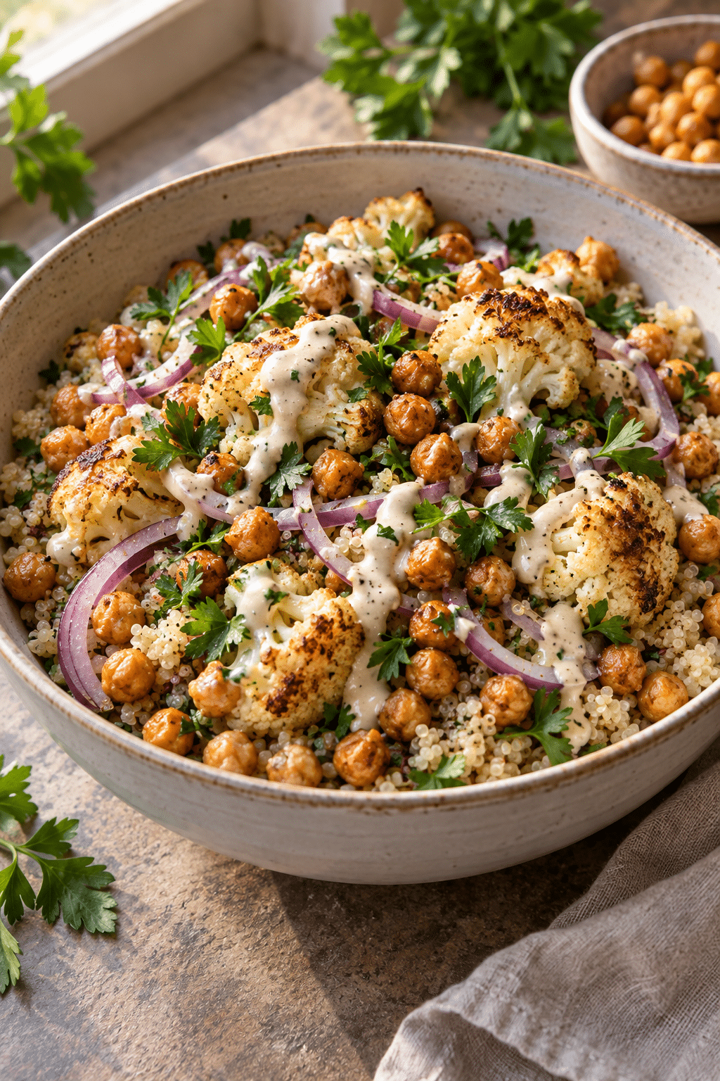 Serving of cauliflower chickpea salad with quinoa and tahini dressing