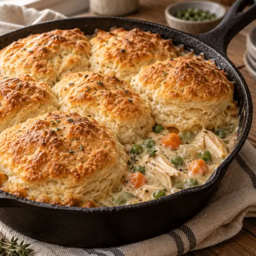 Chicken pot pie with biscuits in a skillet