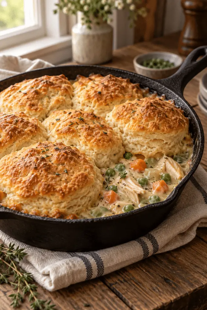 Chicken pot pie with biscuits in a skillet