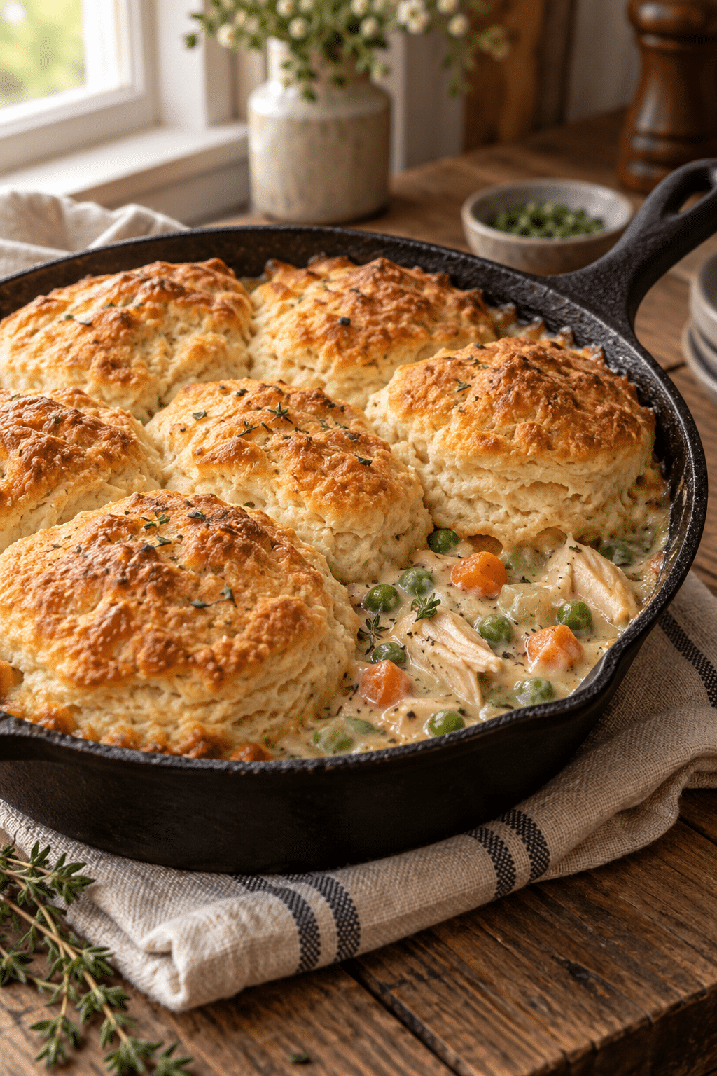 Chicken pot pie with biscuits in a skillet