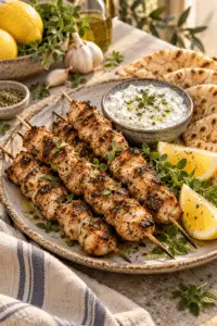 chicken souvlaki skewers with pita and tzatziki