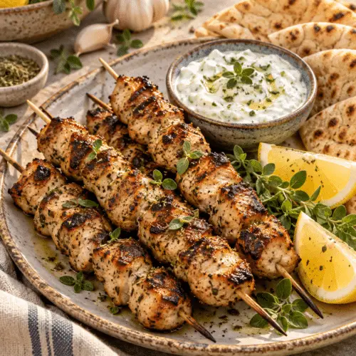 chicken souvlaki skewers with pita and tzatziki