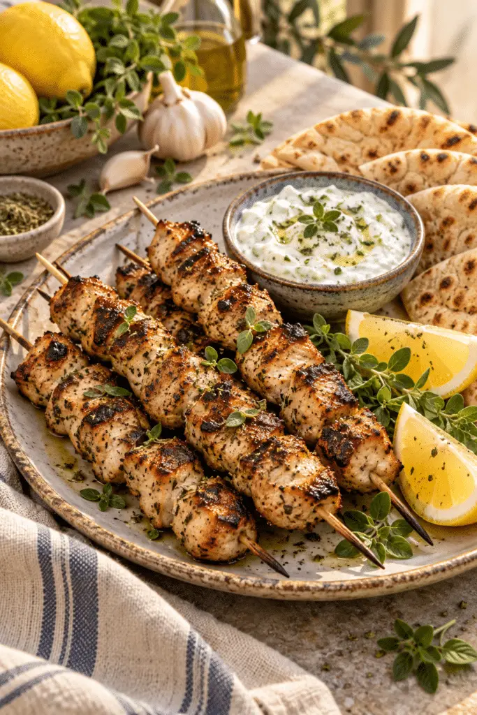chicken souvlaki skewers with pita and tzatziki