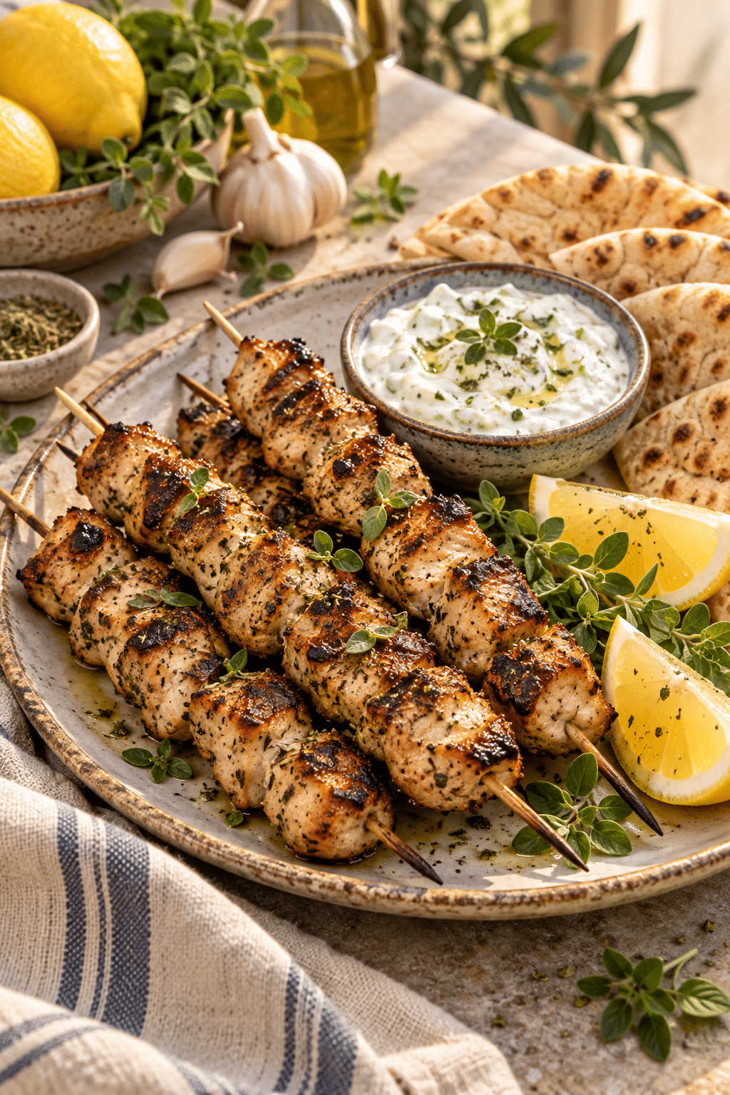 chicken souvlaki skewers with pita and tzatziki