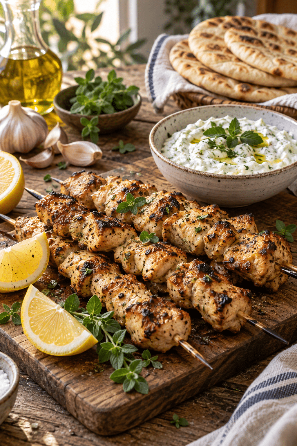 chicken souvlaki ingredients arranged for marinating