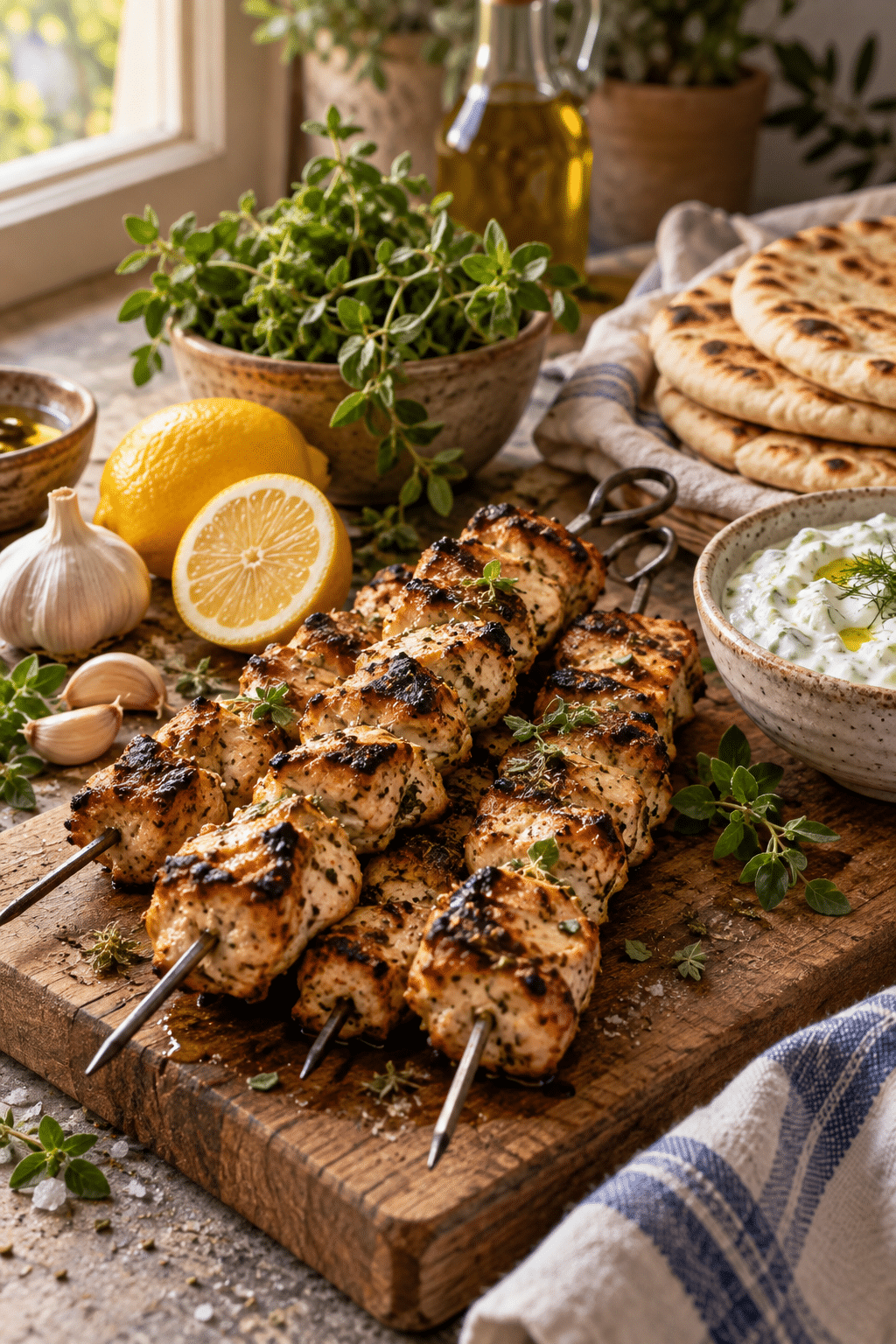chicken souvlaki skewers cooking under high heat