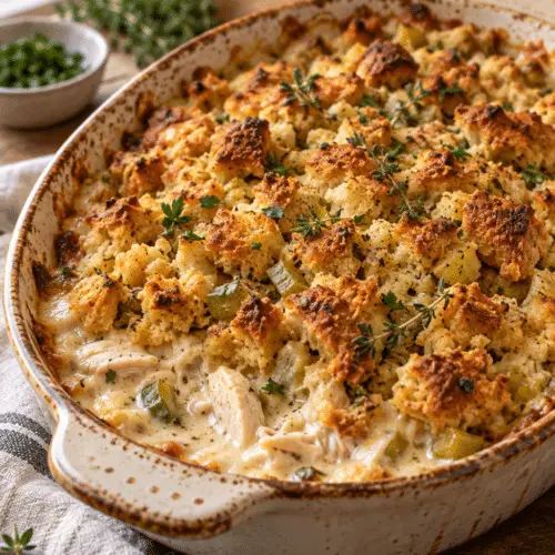chicken stuffing bake in a golden casserole