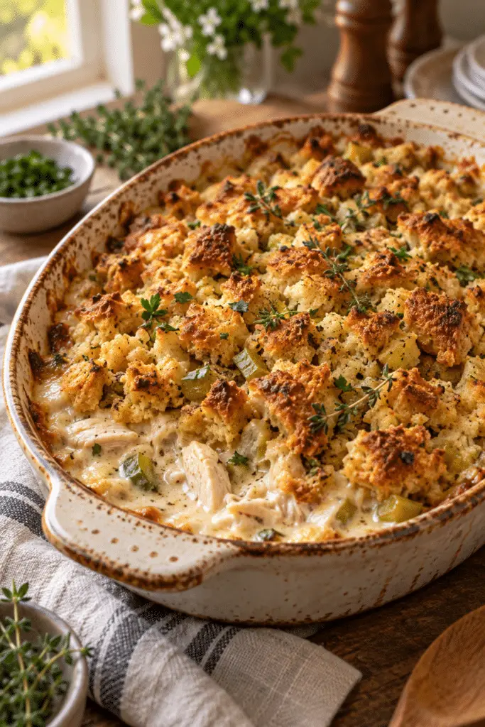 chicken stuffing bake in a golden casserole