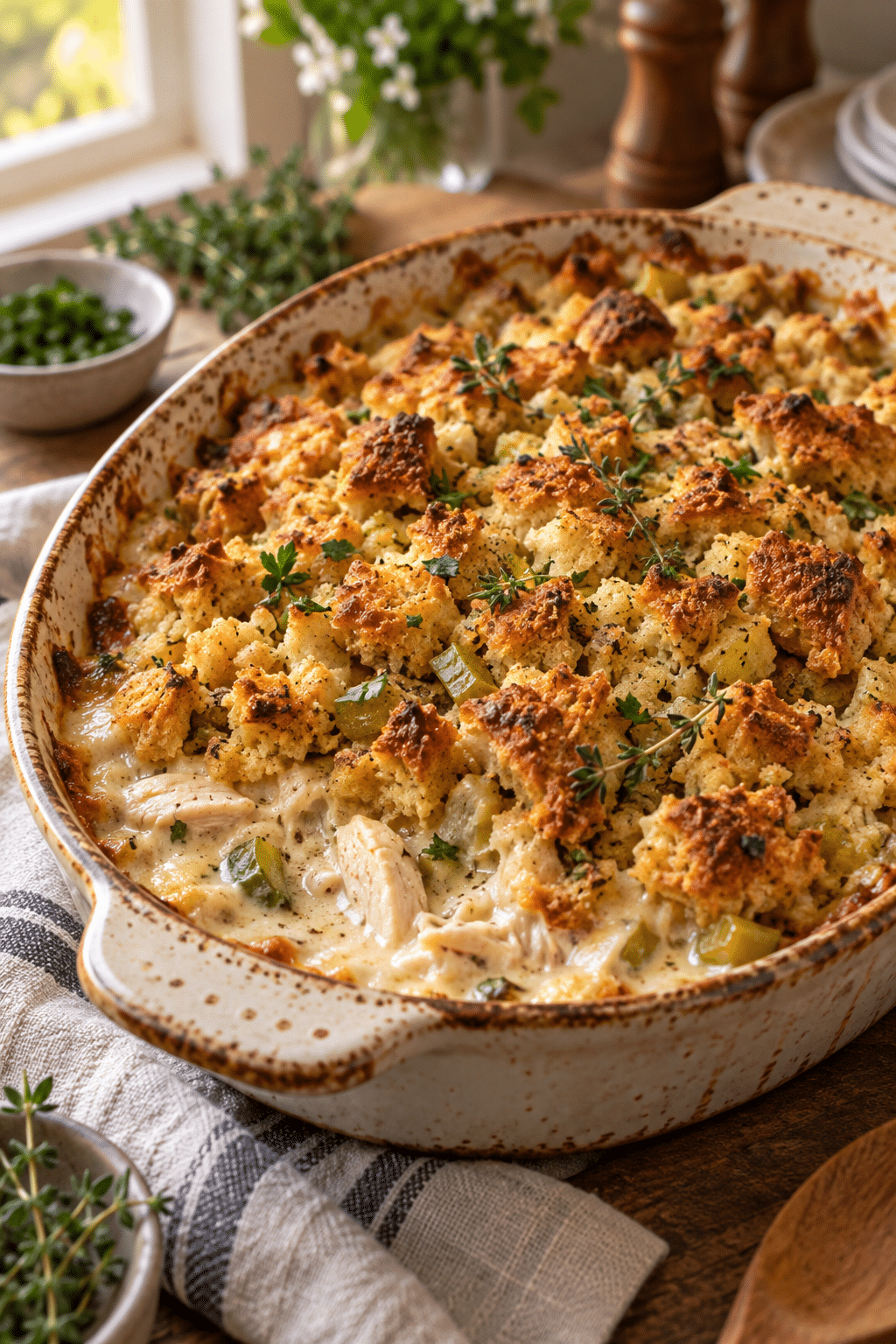 chicken stuffing bake in a golden casserole
