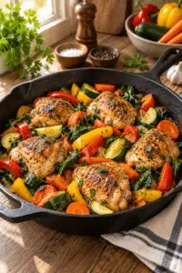 Chicken and vegetables skillet served warm