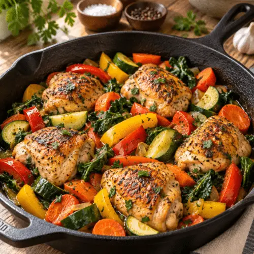 Chicken and vegetables skillet served warm