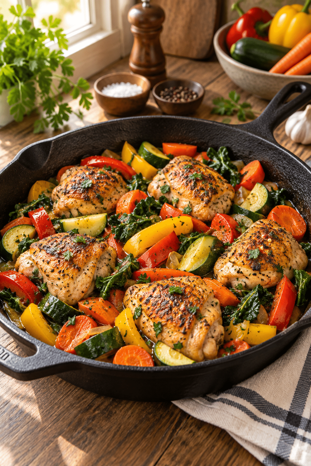 Chicken and vegetables skillet served warm