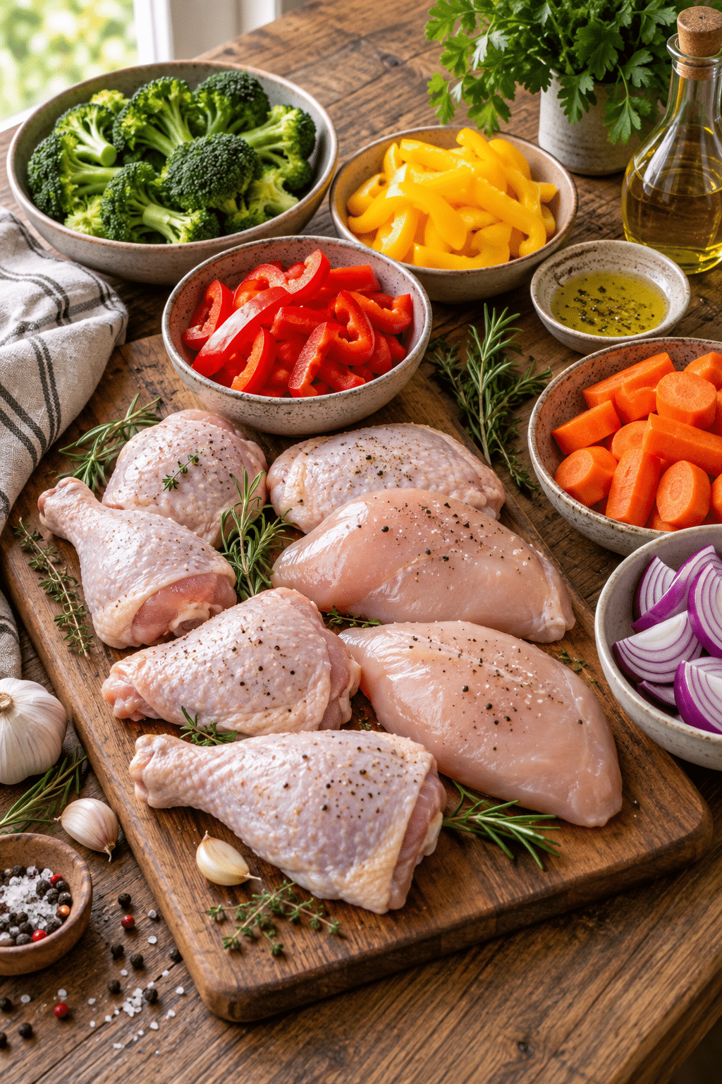 Chicken vegetables skillet ingredients measured and ready