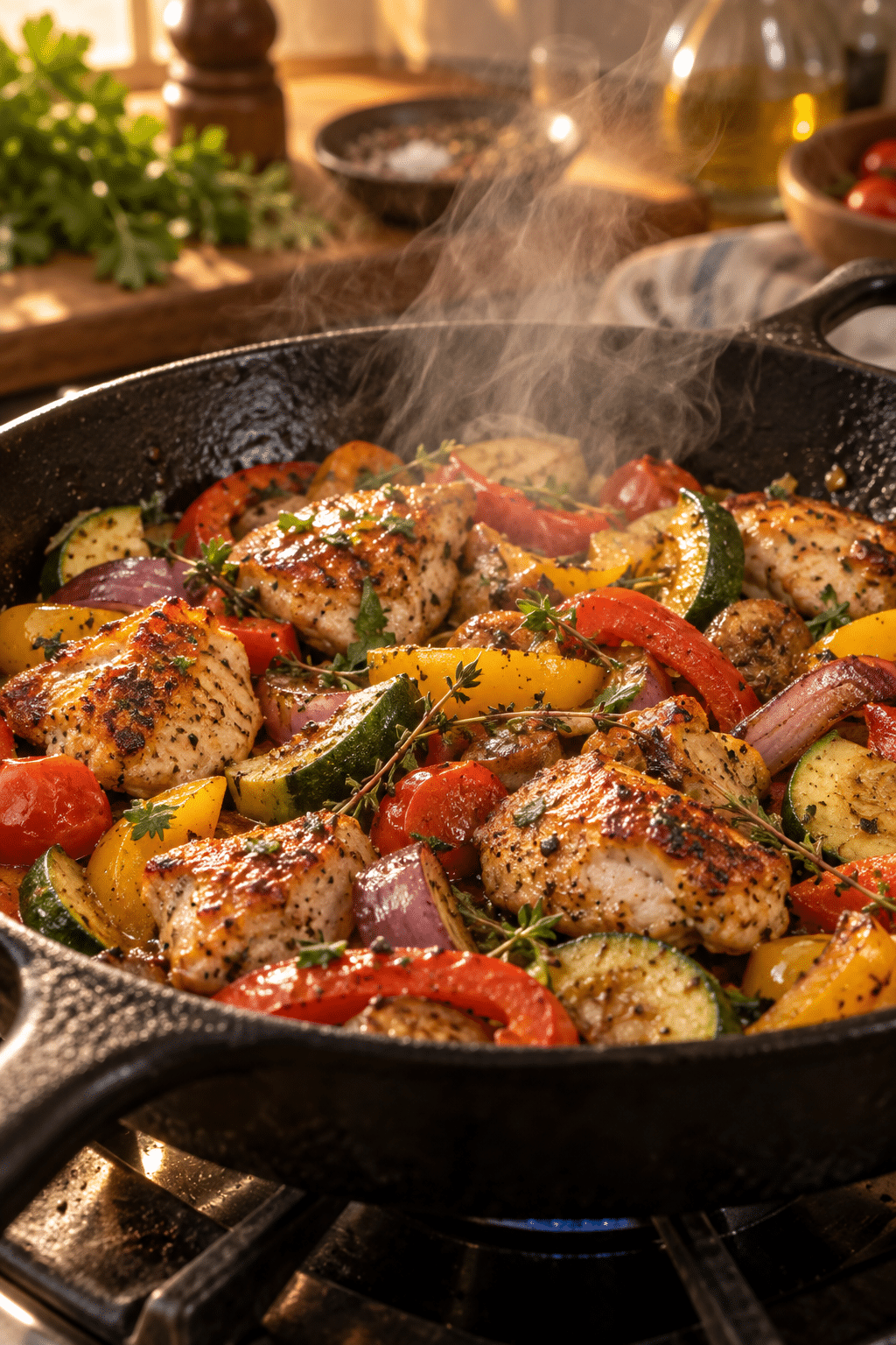 Chicken and vegetables cooking in a skillet