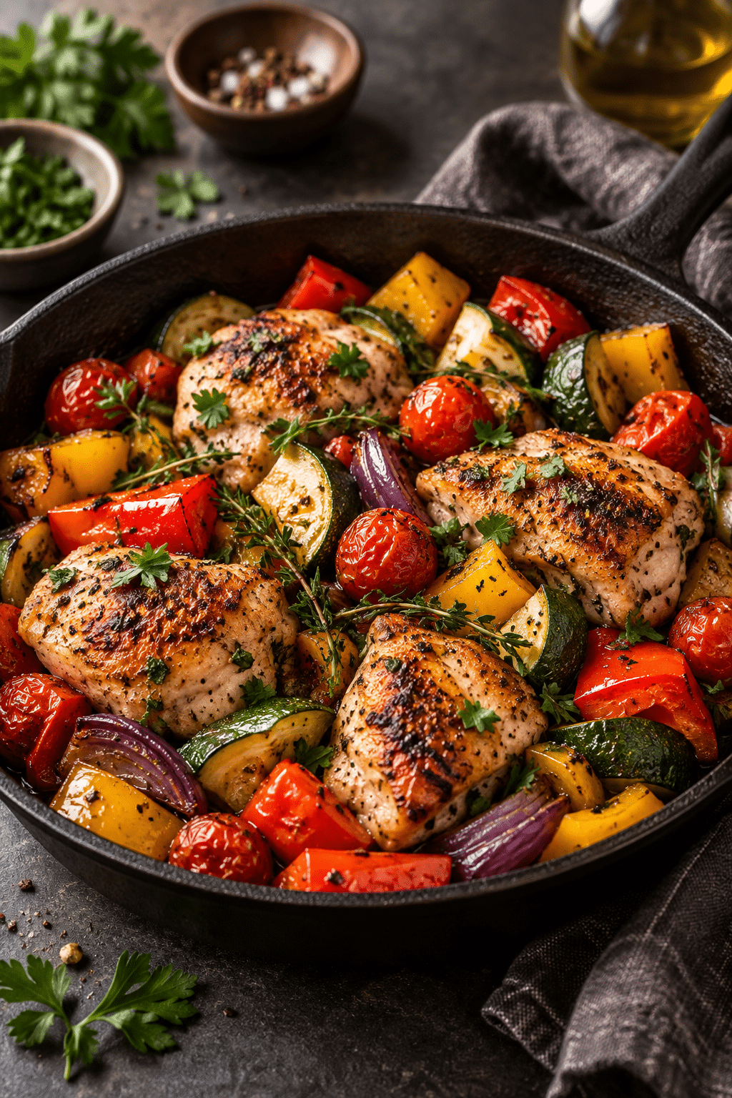 Finished chicken vegetables skillet served warm