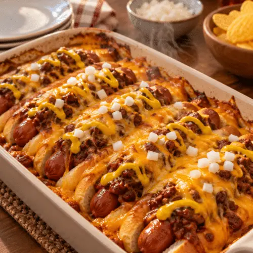 chili cheese dog bake with melted cheddar