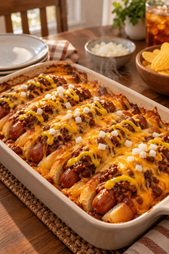 chili cheese dog bake with melted cheddar