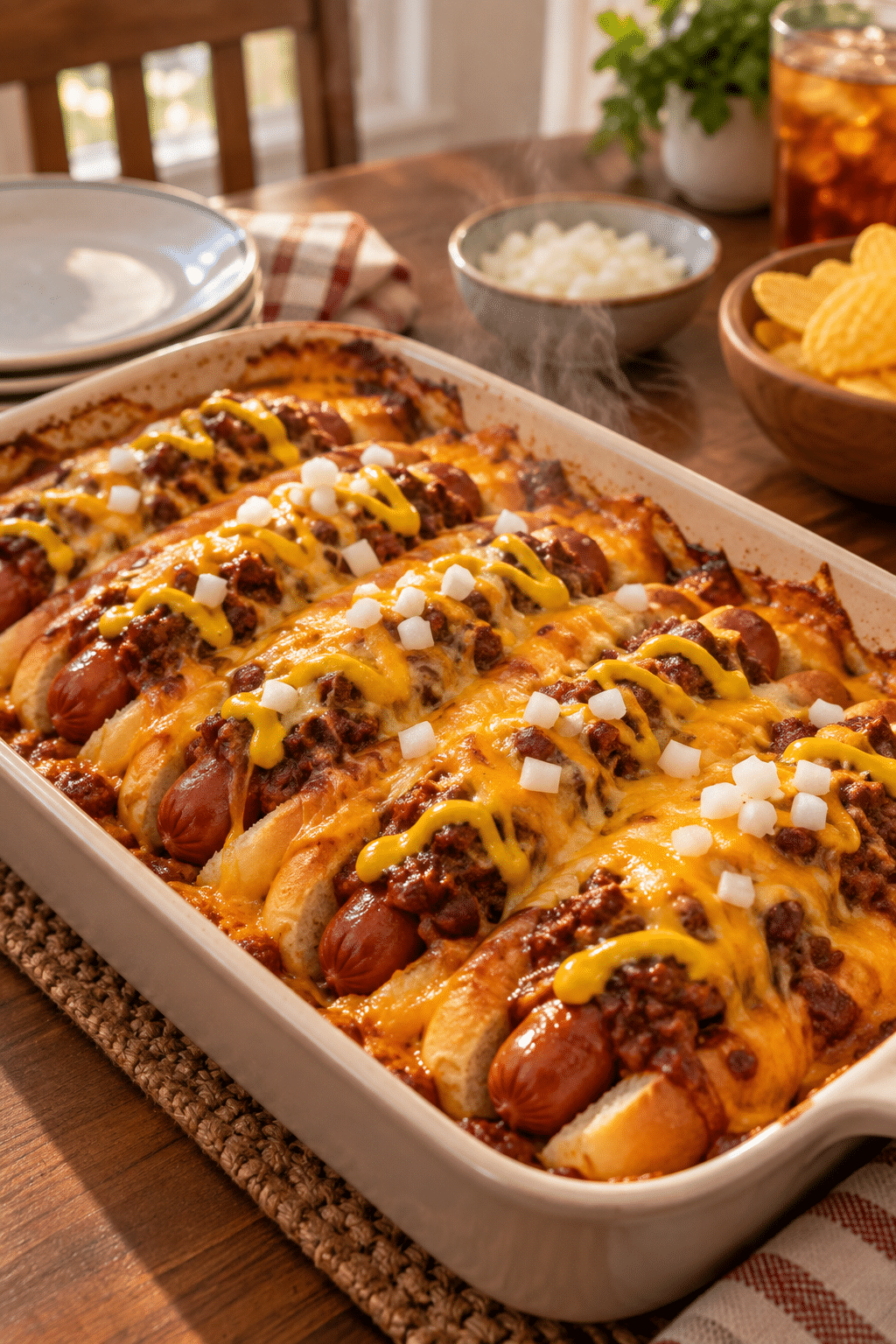 chili cheese dog bake with melted cheddar