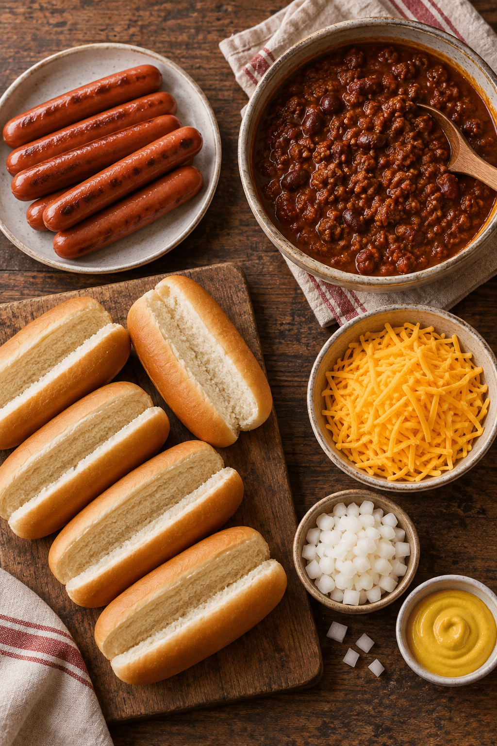 chili cheese dog bake ingredients arranged for assembly